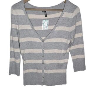 Maurices Womens Cardigan Sweater NWT Small White Gray Striped Stretchy Button Up